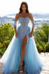 Off-the-Shoulder Sky Blue Prom Dress Sequins Overskirt With Split - Yembifashion 