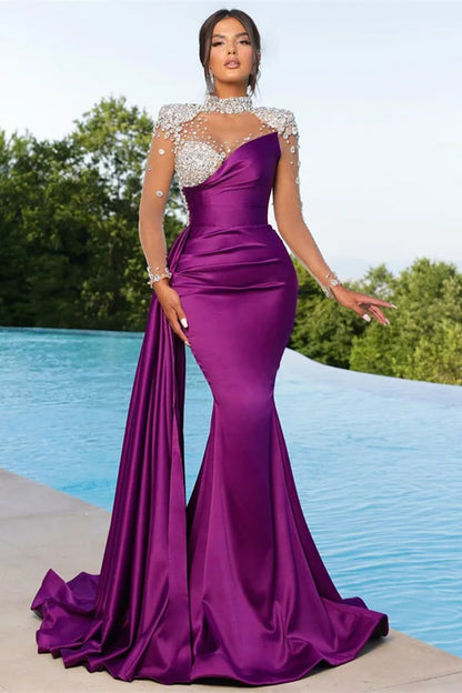 High Neck Purple Prom Dress Mermaid Long Sleeves With Crystal - Yembifashion 