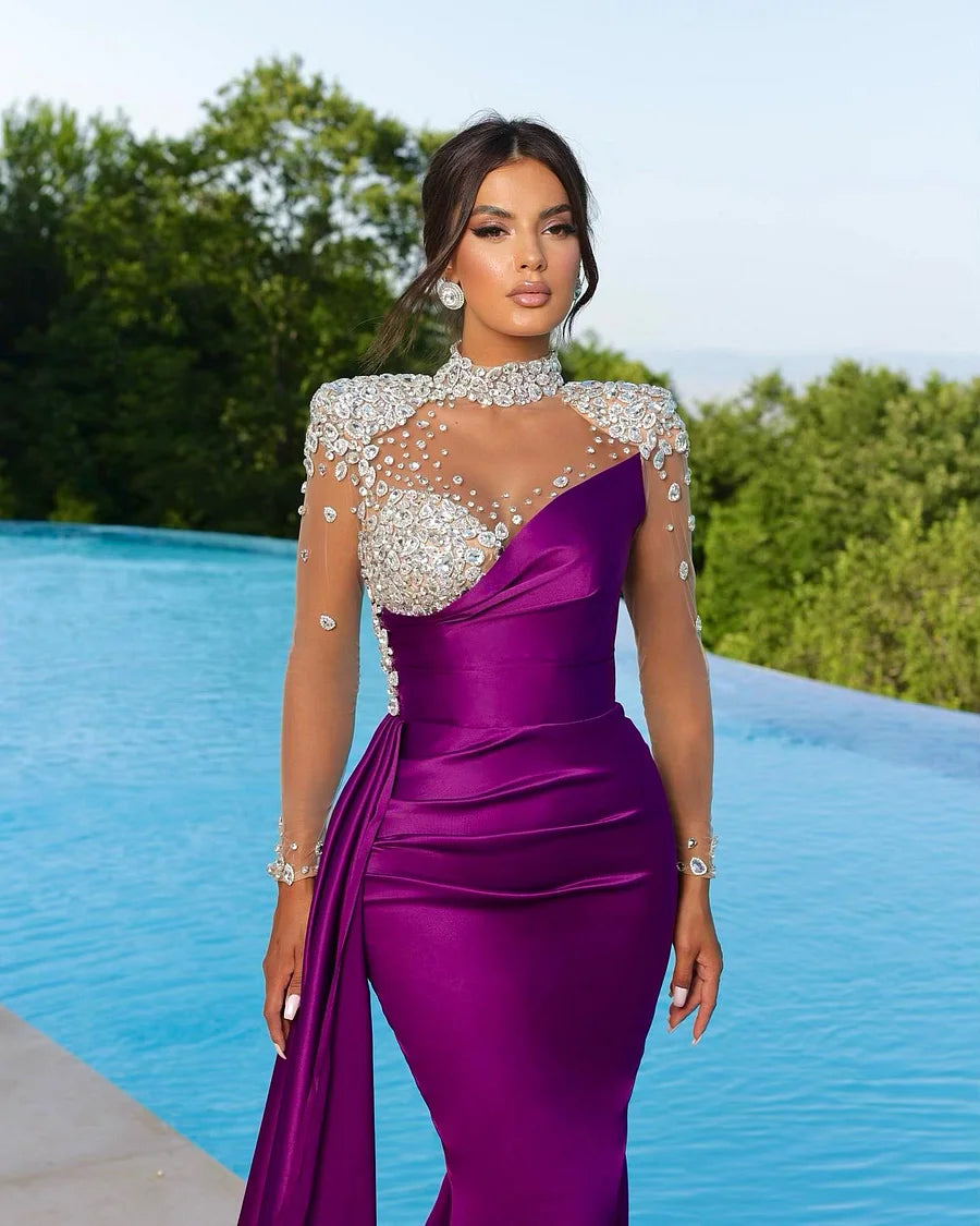 High Neck Purple Prom Dress Mermaid Long Sleeves With Crystal - Yembifashion 