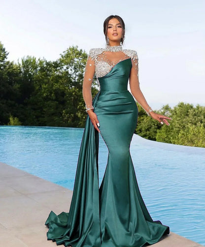 High Neck Purple Prom Dress Mermaid Long Sleeves With Crystal - Yembifashion 