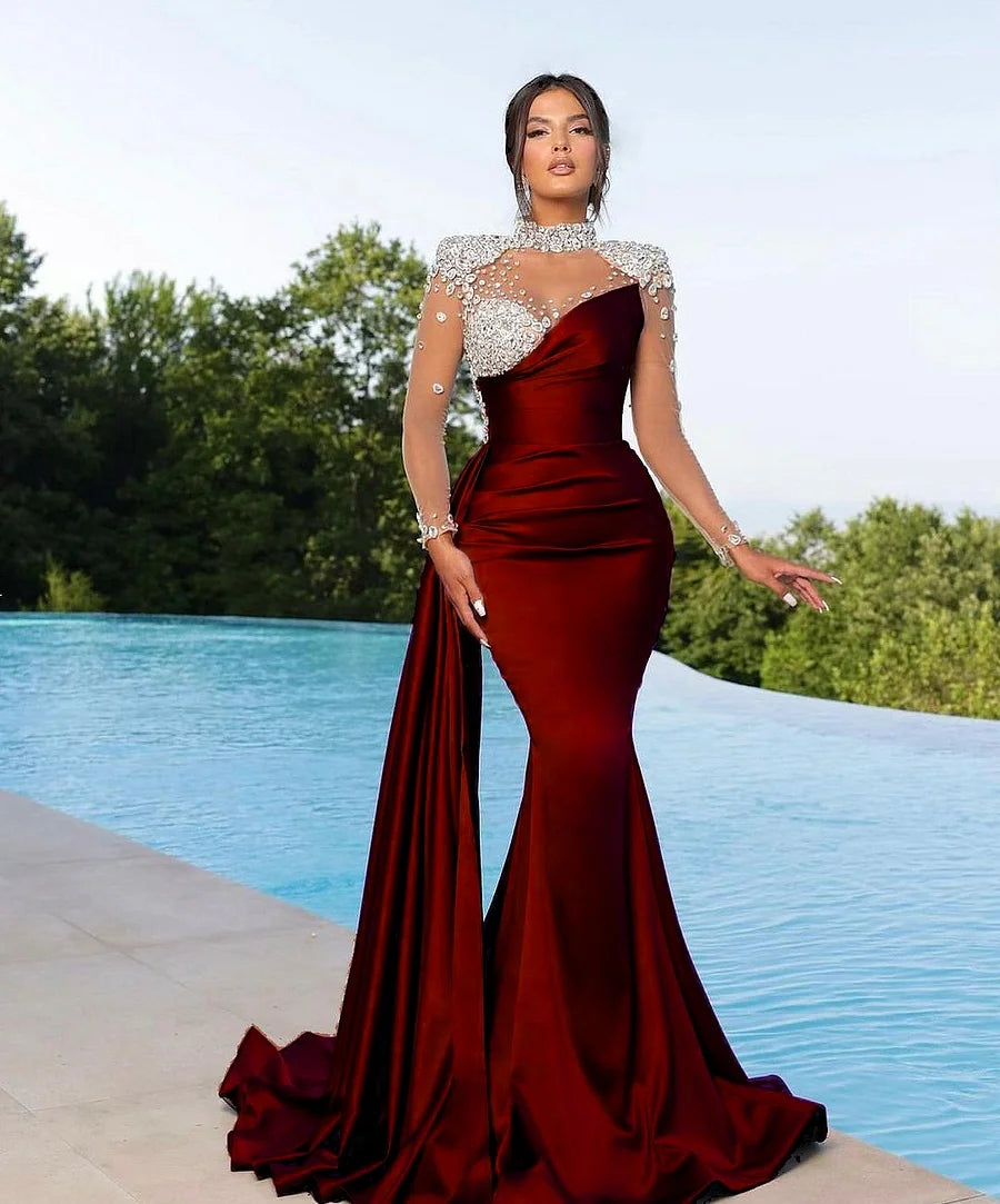 High Neck Purple Prom Dress Mermaid Long Sleeves With Crystal - Yembifashion 