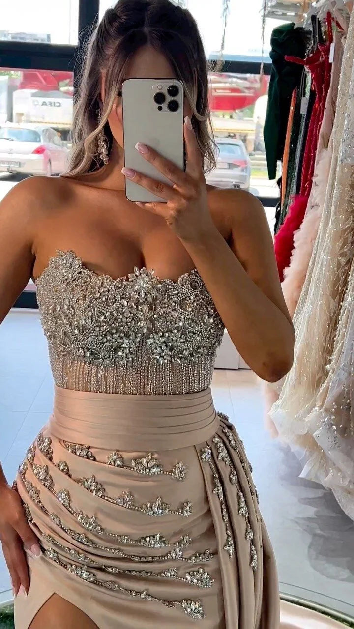 Strapless Mermaid Prom Dress Split Long With Appliques Beads - Yembifashion 