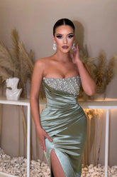 Dusty Sage Strapless Prom Dress Mermaid Slit Long With Beads - Yembifashion 