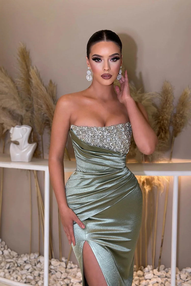 Dusty Sage Strapless Prom Dress Mermaid Slit Long With Beads - Yembifashion 
