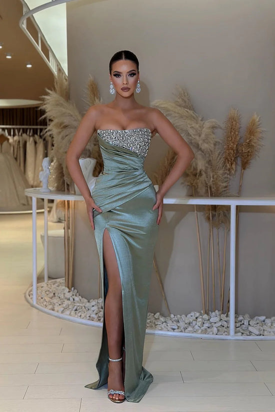 Dusty Sage Strapless Prom Dress Mermaid Slit Long With Beads - Yembifashion 