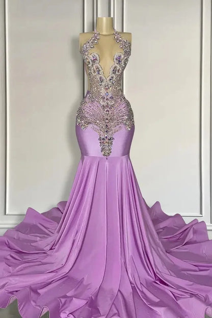  Purple Mermaid Prom Dress - Elegant purple gown with a mermaid silhouette and sparkling rhinestones, perfect for prom and special occasions