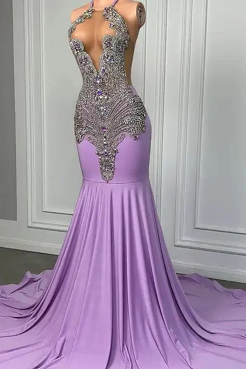  Purple Mermaid Prom Dress - Elegant purple gown with a mermaid silhouette and sparkling rhinestones, perfect for prom and special occasions