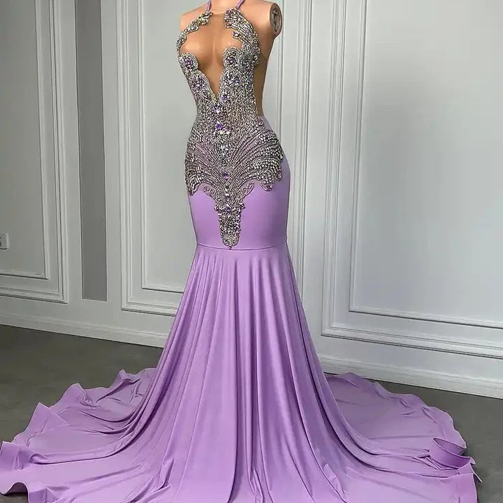 Purple Mermaid Prom Dress - Elegant purple gown with a mermaid silhouette and sparkling rhinestones, perfect for prom and special occasions