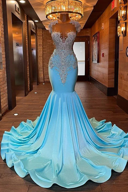 Cap Sleeves Blue Prom Dress Mermaid With Crystals Online - Yembifashion 