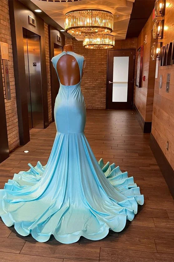 Cap Sleeves Blue Prom Dress Mermaid With Crystals Online - Yembifashion 