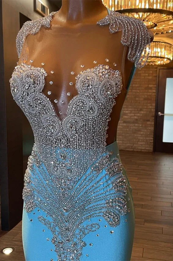 Cap Sleeves Blue Prom Dress Mermaid With Crystals Online - Yembifashion 