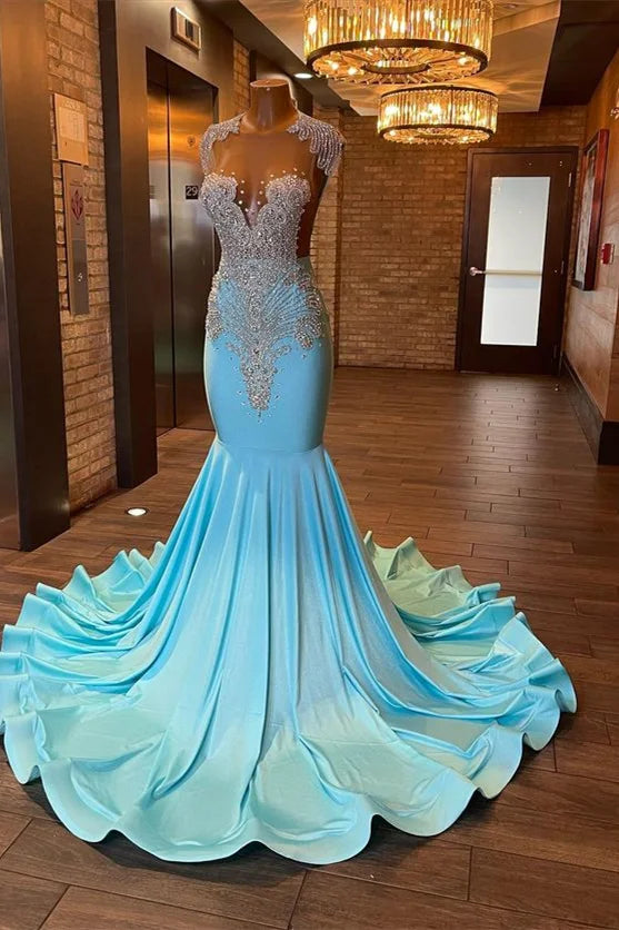 Cap Sleeves Blue Prom Dress Mermaid With Crystals Online - Yembifashion 