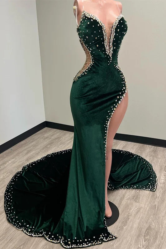 Yembi Sweetheart Dark Green Prom Dress Velvet Mermaid Slit With Beads - Yembifashion 