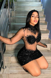 A sleek black bodycom dress with mesh detailing, highlighting a form-fitting silhouette for an elegant and sophisticated look.