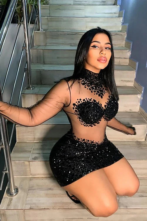 A sleek black bodycom dress with mesh detailing, highlighting a form-fitting silhouette for an elegant and sophisticated look.