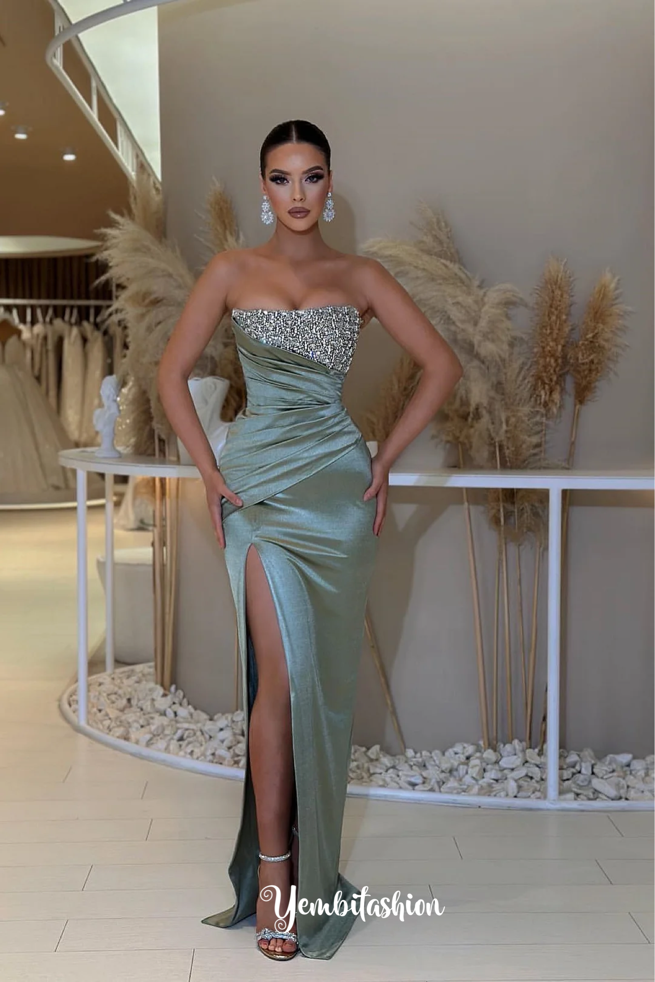 Dusty Sage Strapless Prom Dress with Mermaid Slit and Beads