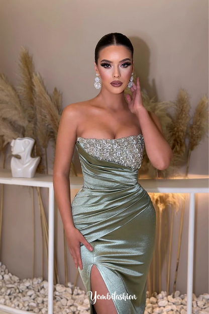 Dusty Sage Strapless Prom Dress with Mermaid Slit and Beads