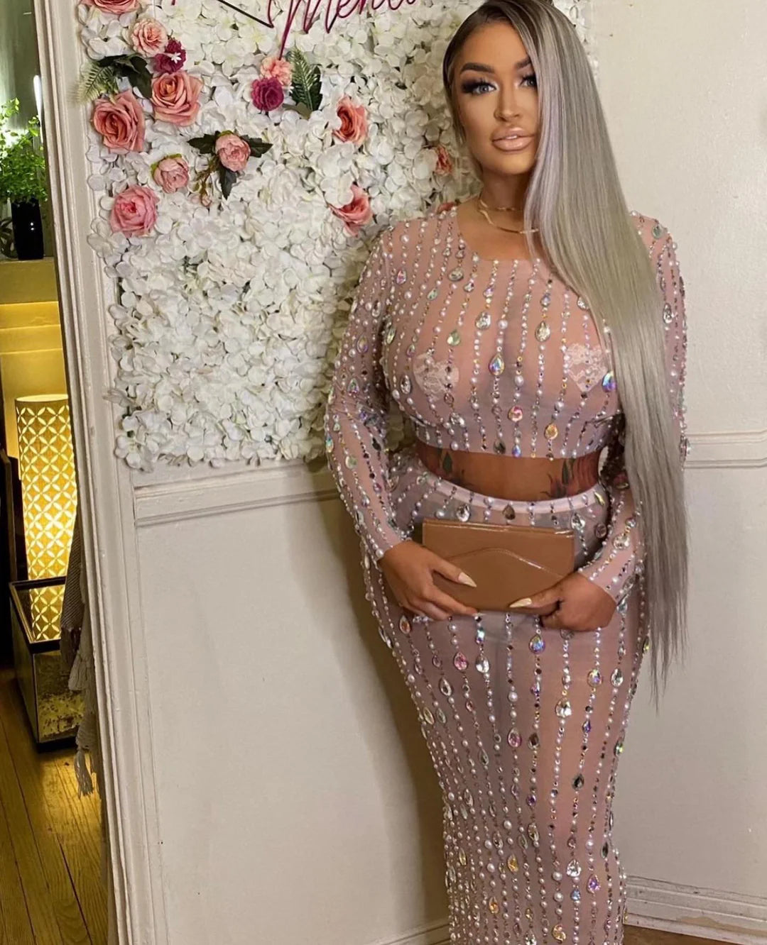 Elegant two-piece birthday outfit with rhinestones