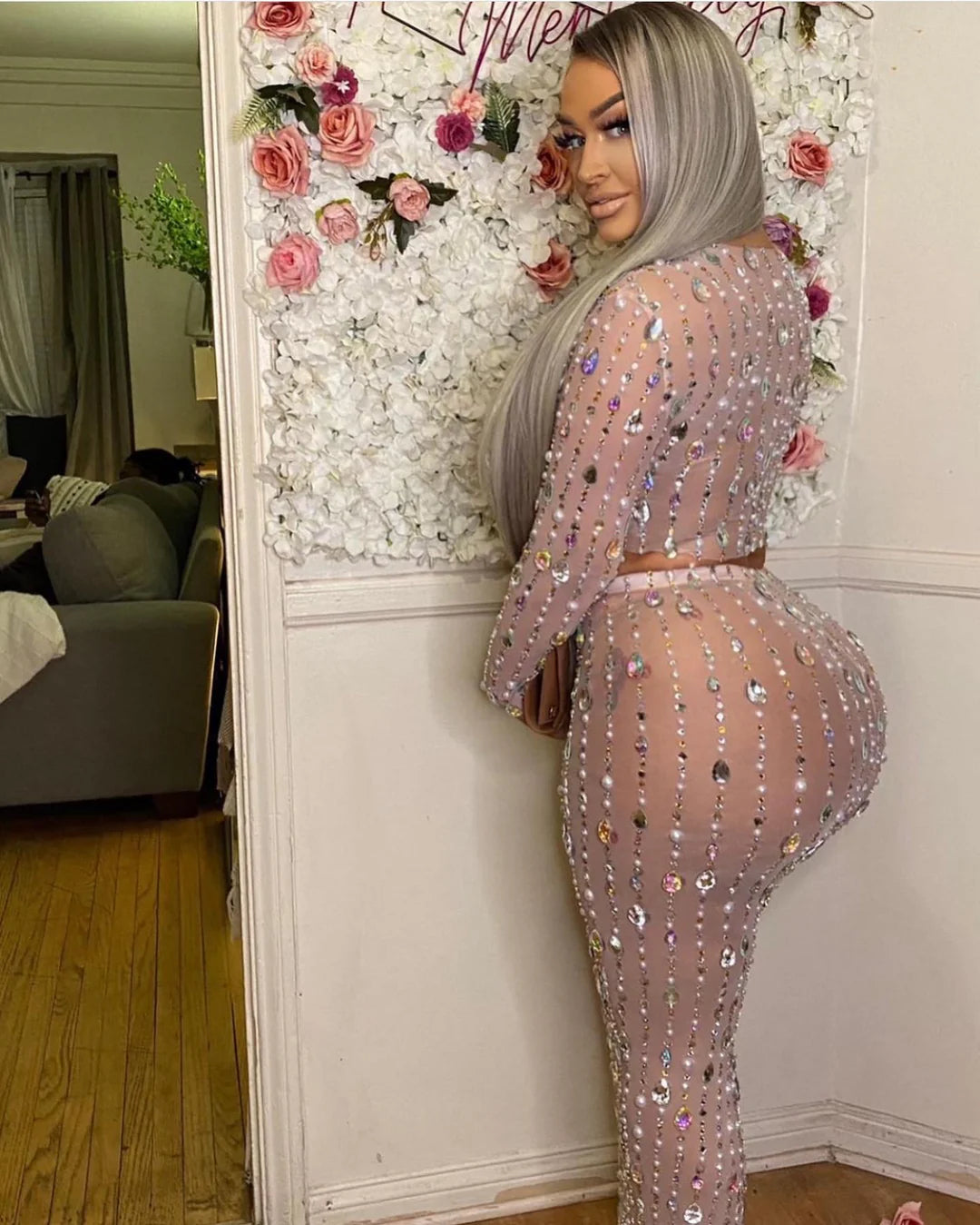 Elegant two-piece birthday outfit with rhinestones