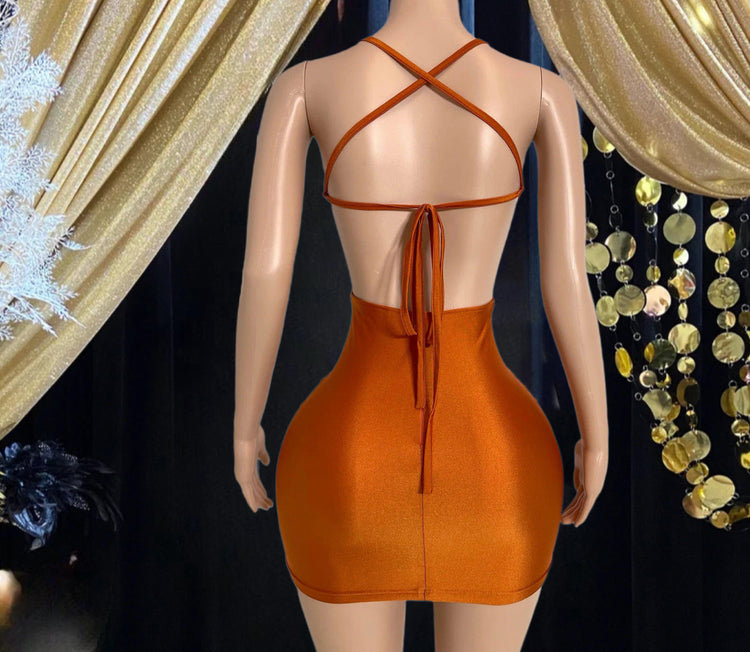 Orange Diamante Mini Dress with Glinting Rhinestones – Sparkling Party Dress for a Bold and Glamorous Look
