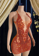 Orange Diamante Mini Dress with Glinting Rhinestones – Sparkling Party Dress for a Bold and Glamorous Look
