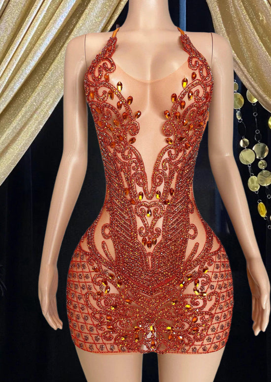 Orange Diamante Mini Dress with Glinting Rhinestones – Sparkling Party Dress for a Bold and Glamorous Look
