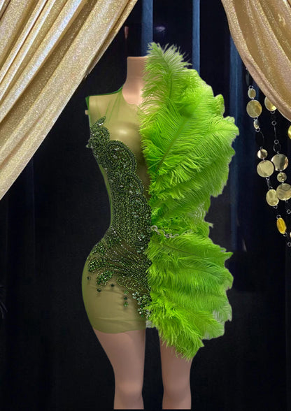 Laura Diamante green feather embellished mini dress with luxurious feather detailing and intricate embellishments, perfect for special occasions