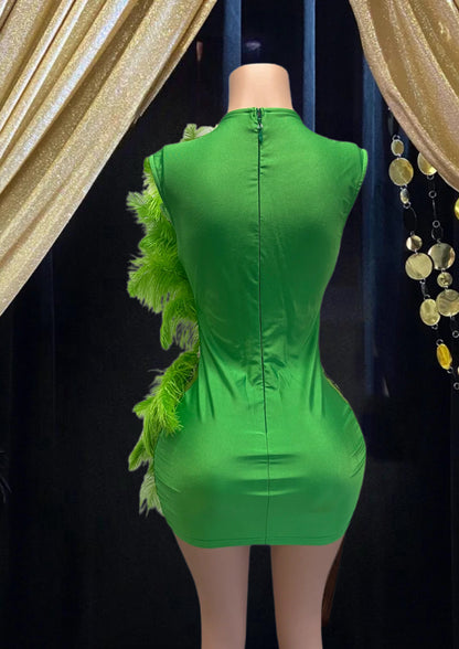 Laura Diamante green feather embellished mini dress with luxurious feather detailing and intricate embellishments, perfect for special occasions