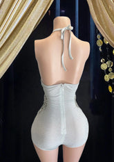 Front view of a Silver Rhinestone Birthday Bling Dress Bodysuit with shimmering rhinestones on stretch fabric.”