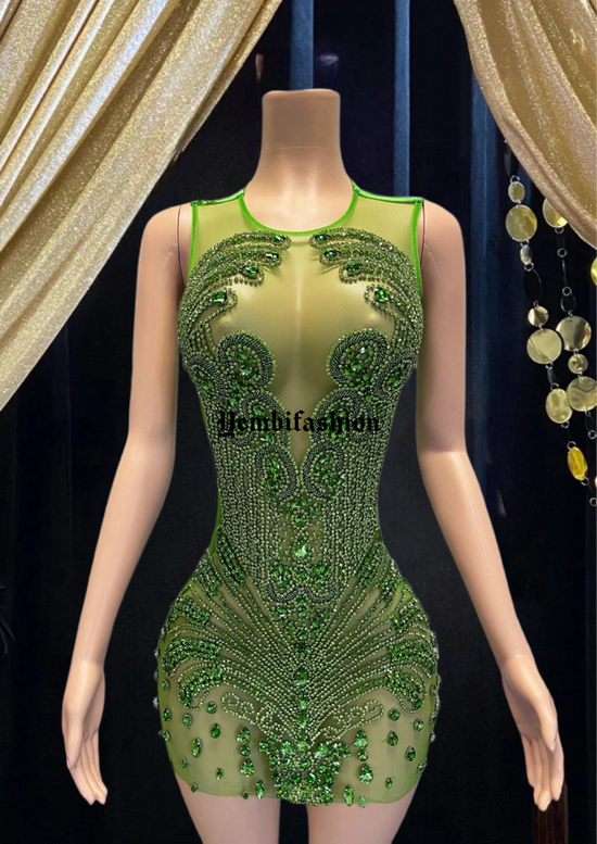 Stunning Green Diamante Dress-Mini Dress