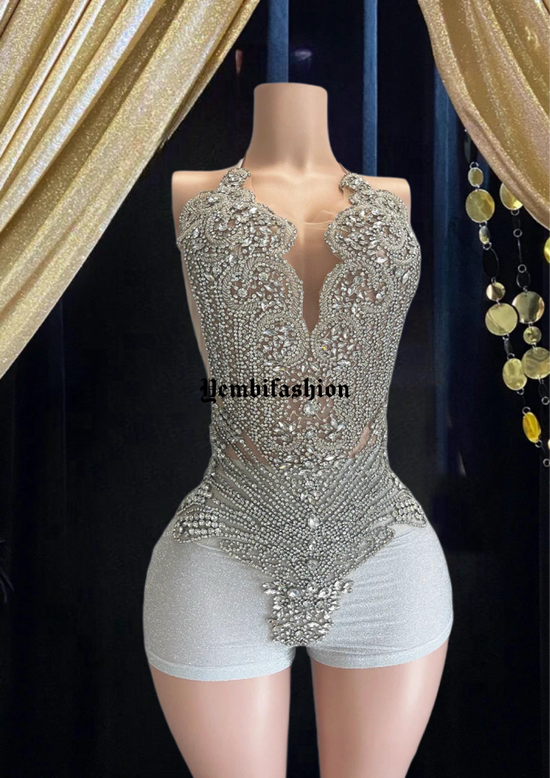 Front view of a Silver Rhinestone Birthday Bling Dress Bodysuit with shimmering rhinestones on stretch fabric.”