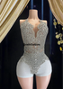 Front view of a Silver Rhinestone Birthday Bling Dress Bodysuit with shimmering rhinestones on stretch fabric.”