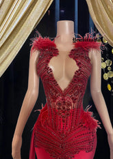 Embellished Feather Mini Dress With Train