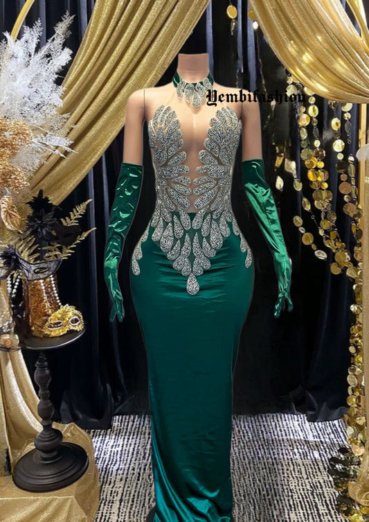 Glamorous Rhinestone Evening Long Dress with matching gloves, crafted from silky satin for an elegant look