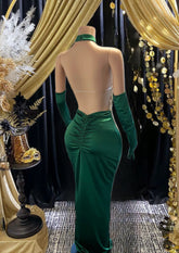Glamorous Rhinestone Evening Long Dress with matching gloves, crafted from silky satin for an elegant look
