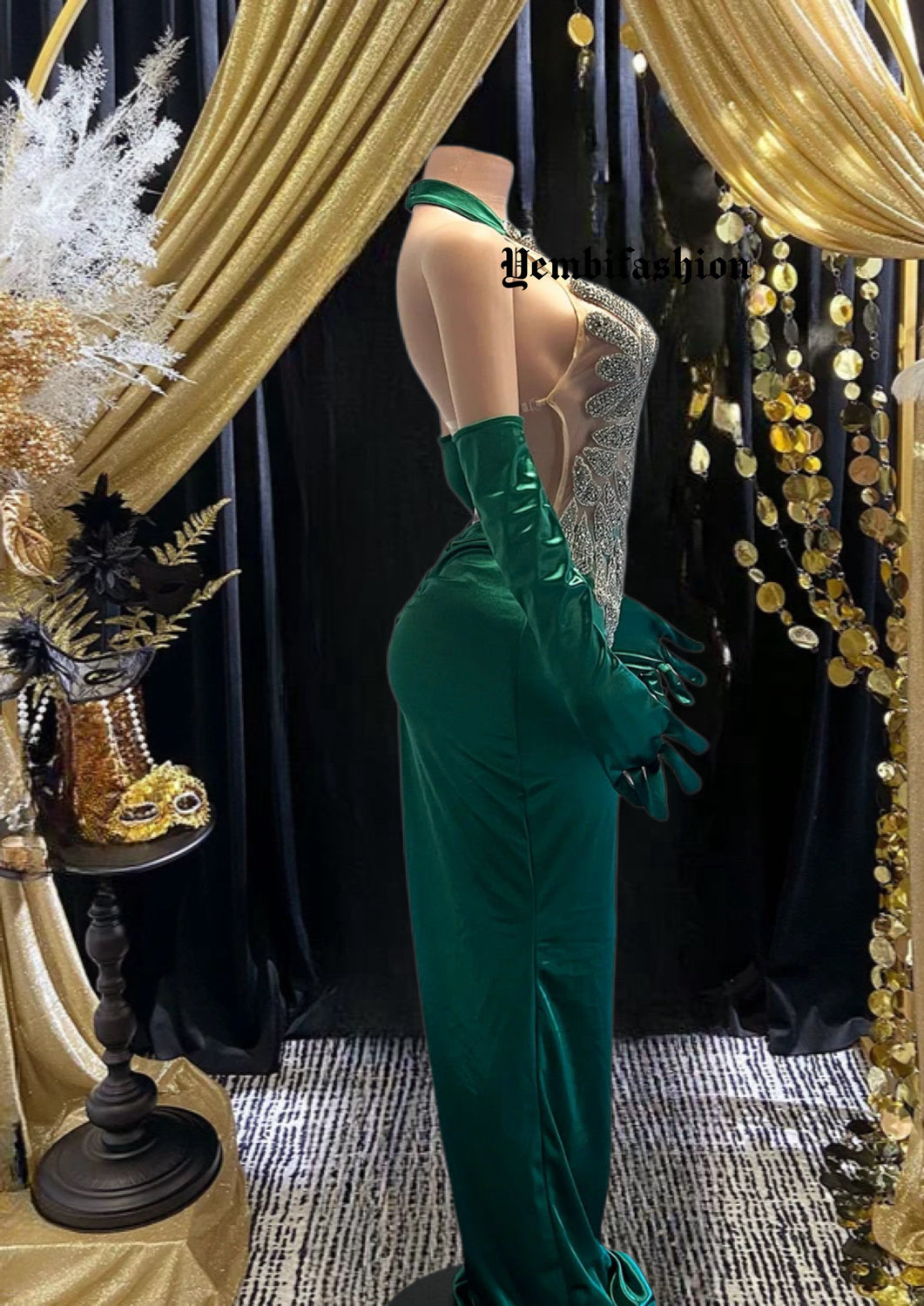 Glamorous Rhinestone Evening Long Dress with matching gloves, crafted from silky satin for an elegant look