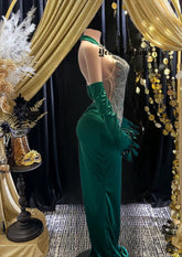 Glamorous Rhinestone Evening Long Dress with matching gloves, crafted from silky satin for an elegant look