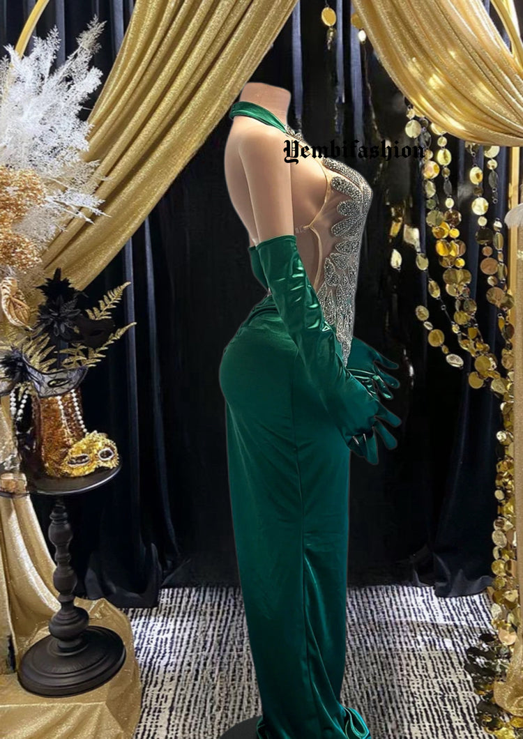 Glamorous Rhinestone Evening Long Dress with matching gloves, crafted from silky satin for an elegant look
