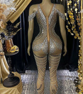 Silver Chain Bodysuit Dress| Evening Glam with Glitter Appliqué Dress