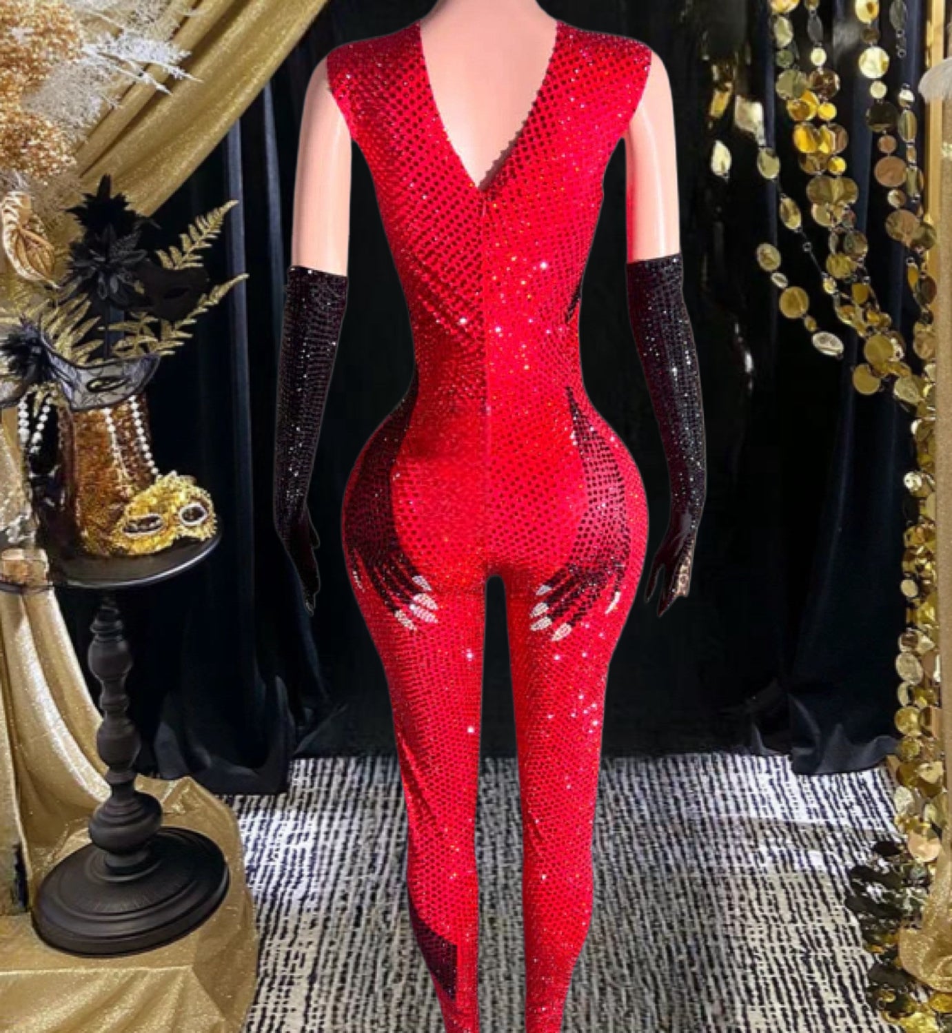 Rhinestone Embellished Bodycon Jumpsuit with Matching Hand Gloves