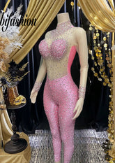 Pink diamante bodysuit with sparkling rhinestones.