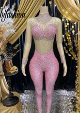 Pink diamante bodysuit with sparkling rhinestones.