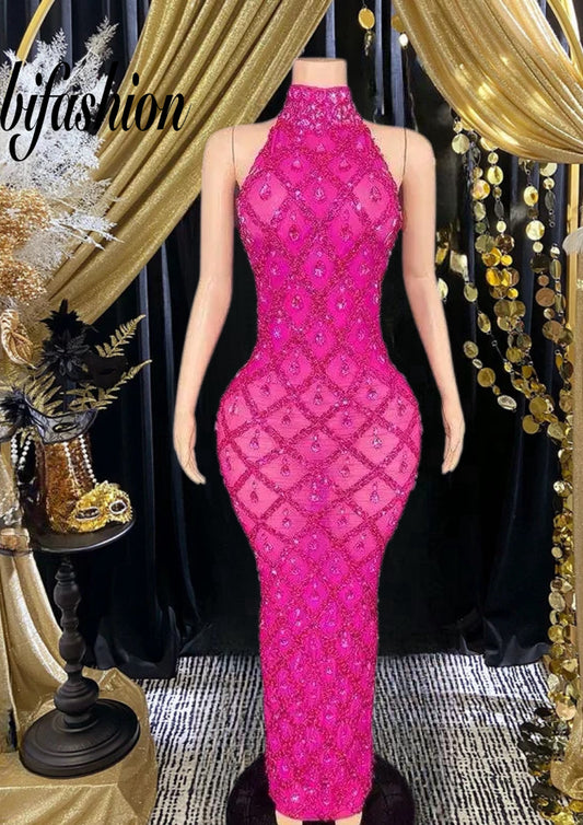 Pink Prom Dress – Embellished Long Dress