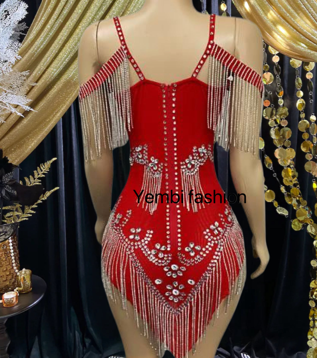 RED DIAMANTE TASSEL DRESS