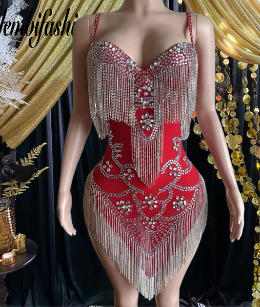 RED DIAMANTE TASSEL DRESS