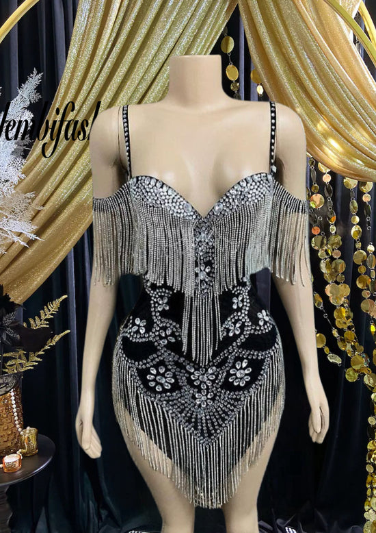 Black Rhinestone Dress with Tassel - Glam Cowgirl Style