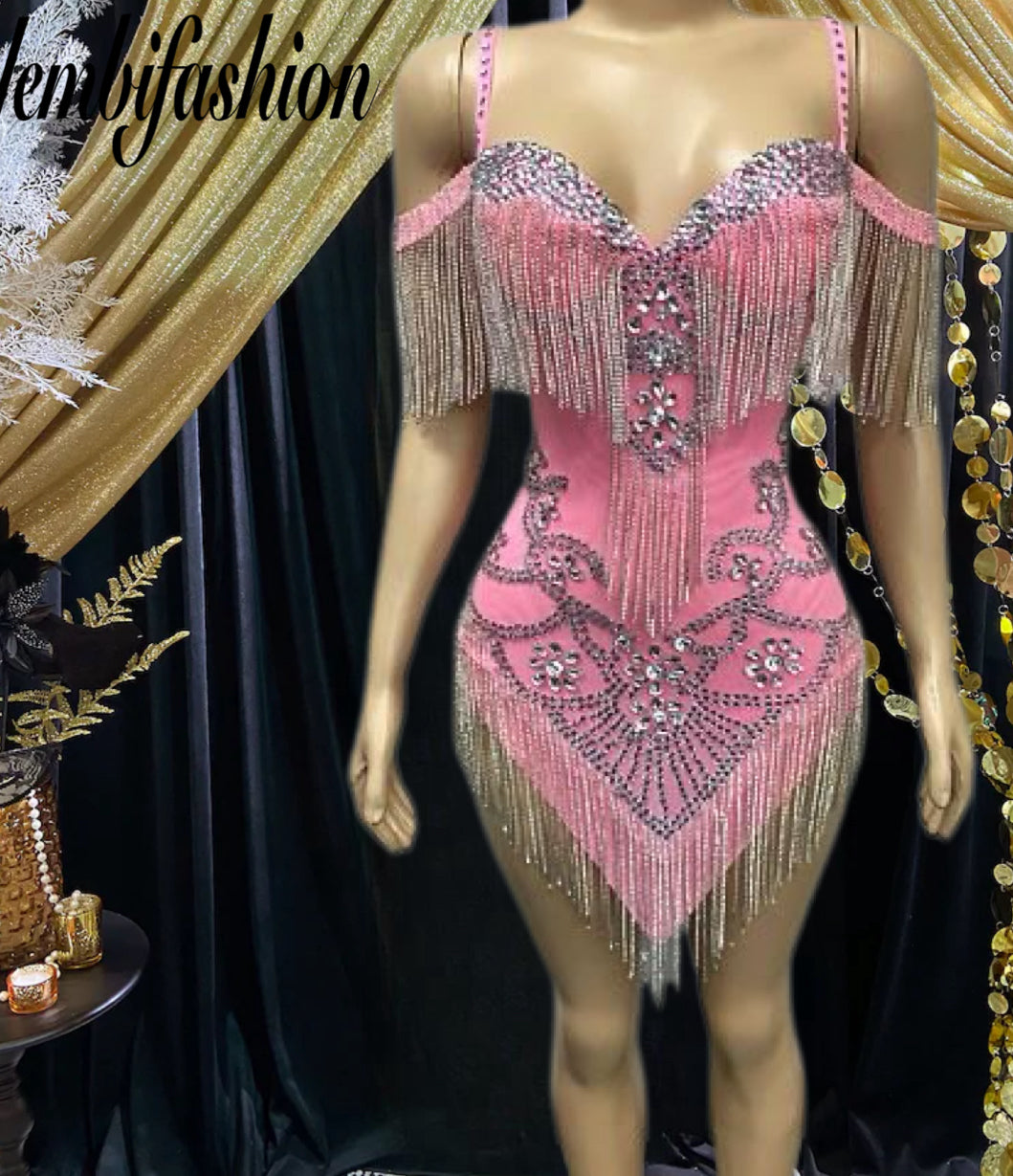 Western Sequin Fringe Cowgirl Outfit in pink with sparkling diamante accents and fringe detailing, perfect as a prom dress or bold party look.