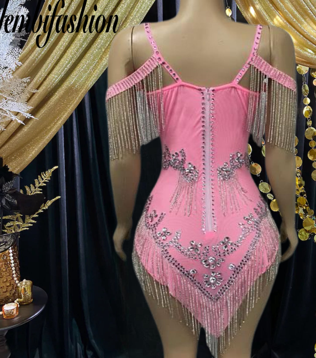 Western Sequin Fringe Cowgirl Outfit in pink with sparkling diamante accents and fringe detailing, perfect as a prom dress or bold party look.