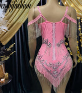 Western Sequin Fringe Cowgirl Outfit in pink with sparkling diamante accents and fringe detailing, perfect as a prom dress or bold party look.