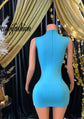A glamorous Blue Diamante Dress with sparkling diamante detailing, designed for special occasions, shown on a mannequin.